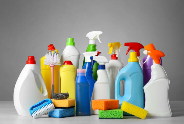 istock Different cleaning products and supplies on light table 1369127514