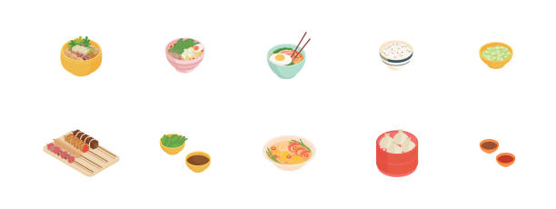 ilustrações de stock, clip art, desenhos animados e ícones de soup, ramen set - isometric vector illustration in flat design. - food dinner prepared fish gourmet