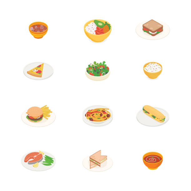 ilustraciones, imágenes clip art, dibujos animados e iconos de stock de comida, comida, verdura, fruta, carne, bebida, set de cocina. ilustración vectorial isométrica en diseño plano. - sandwich food lunch chicken