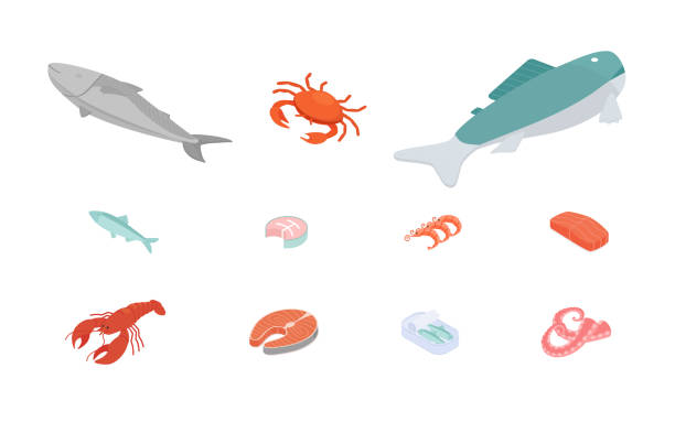 fisch- und meeresfrüchte-set. isometrische vektorabbildung im flat design. - fish seafood lobster salmon stock-grafiken, -clipart, -cartoons und -symbole