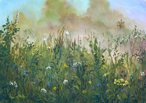blooming field in the style of impressionism, acrylic painting on watercolor paper
