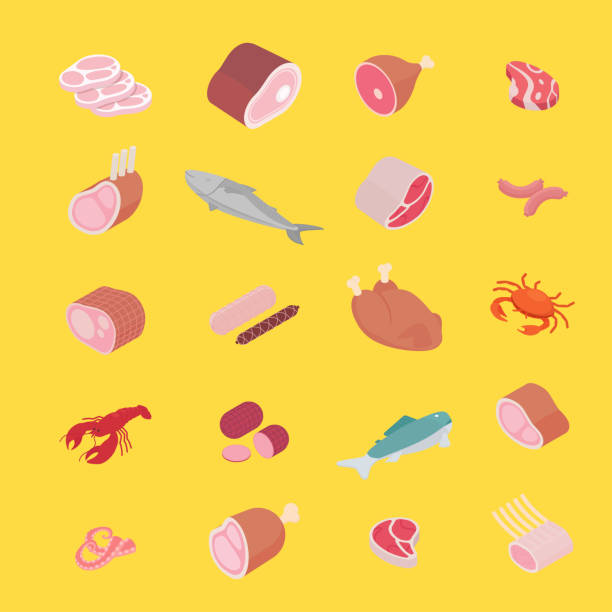 illustrazioni stock, clip art, cartoni animati e icone di tendenza di cibo, pasto, carne, pesce e frutti di mare. illustrazione vettoriale isometrica in design piatto. - roast beef illustrations