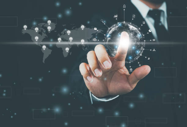 istock Digital marketing. Businessman touching world map with icon network connection and digital marketing application technology. Business goal and technology concept. 1369129088