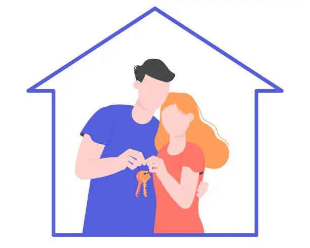 Vector illustration of Young family received the keys to a new apartment or house. Сoncept of buying a home. Vector illustration in flat style