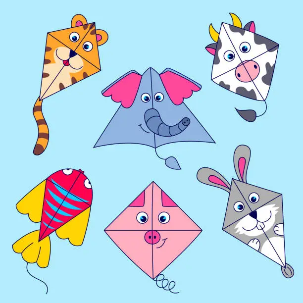 Vector illustration of Set of kites in the form of animals