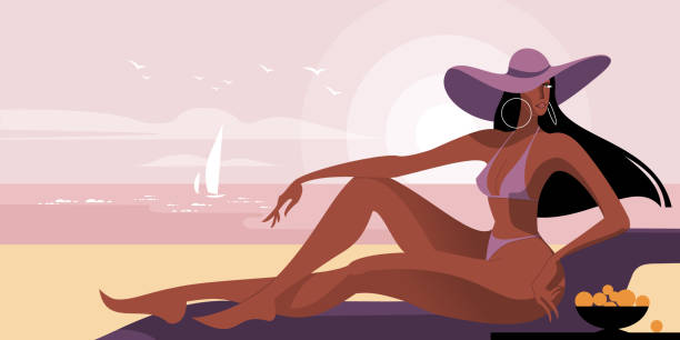 Fashion design A long-legged brunette fashion model girl in a wide-brimmed hat and an elegant bikini with a fruits basket. Sun, sea, yachts, beach. Vector illustration for landing page mockup or flat design advert. catwalk fashion show fashion swimwear stock illustrations
