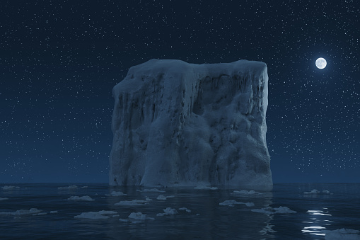 3d rendering of big iceberg surrounded by ice plates and illuminated from full moon at night