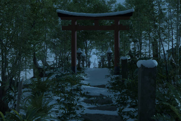istock 3d rendering of a snow covered natural path in front of torii gate and stone lantern at night. Concept ancient Japanese Shrine 1369130984