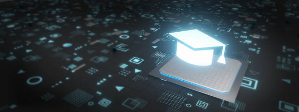 istock Online education concept with graduation cap hologram on a microchip 3D Illustration 1369131652