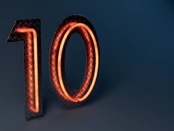 3D rendered, illuminated, glowing yellow neon number one on purple background.