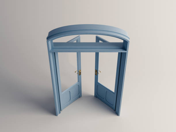 An opening  french double door painted blue with brass fittings on an isolated white studio background - 3D render