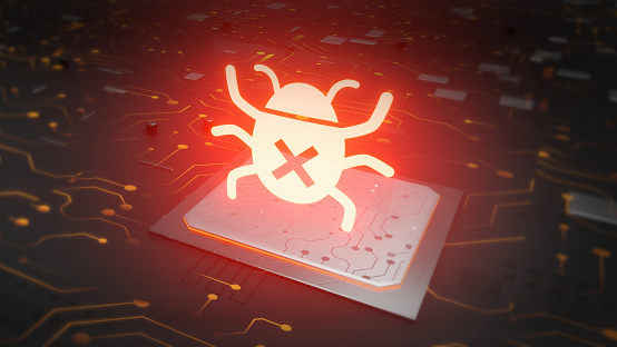 red glowing computer bug on infected chip in cyberspace 3d render.