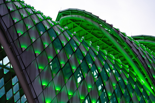 Closed up of The Exterior Pedestrian bridge Saloma Link to Kuala Lumpur city center at night.