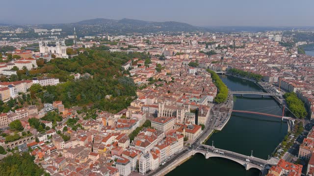 Lyon: Aerial view of historic city with hilltop Basilica of Notre-Dame de Fourvière (La Basilique Notre Dame de Fourvière) - landscape panorama of France from above, Europe
