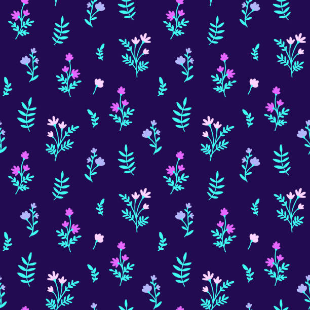 floral vector seamless muster mit neon wiesenblumen. winzige wildblumen und blätter auf marineblauem hintergrund. ditsy style motiv, textur für modedruck, textil - blossom florescence flower wallpaper pattern stock-grafiken, -clipart, -cartoons und -symbole