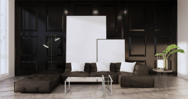istock Black Living room has decorated with lamps and plants trees .3d rendering 1369137197