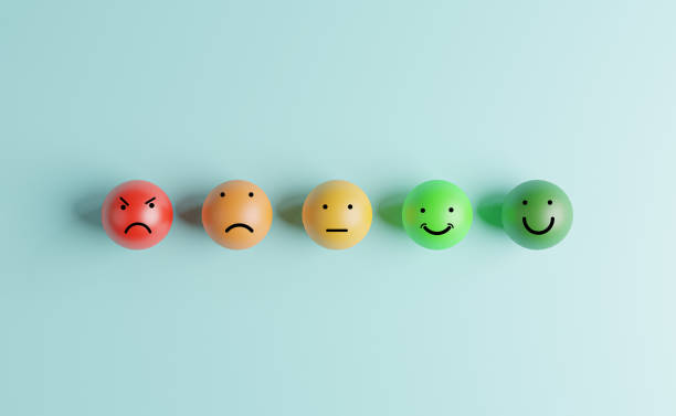 istock Smile normal and sad emotion face for customer evaluation and client satisfaction concept by 3d render. 1369137519