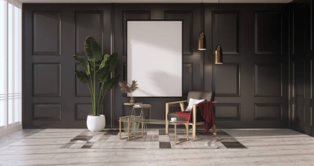 istock Black Living room has decorated with lamps and plants trees .3d rendering 1369137554