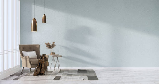 istock Light blue Living room has decorated with lamps and plants trees .3d rendering 1369137804