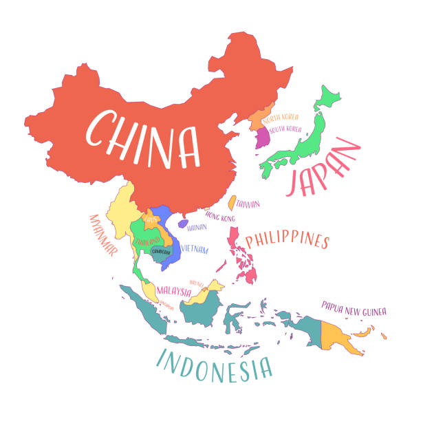 illustrazioni stock, clip art, cartoni animati e icone di tendenza di mappa del sud-est asiatico con i nomi dei paesi - silhouette cartography singapore map