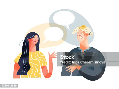 istock Dialogue of people with speech bubbles, young man thinking, talking with woman together 1369142586