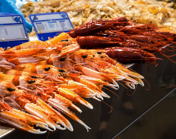 crustacés au marché aux poissons - seafood lobster paella prepared shellfish photos et images de collection