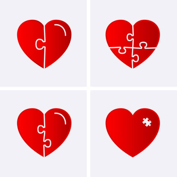 ilustrações, clipart, desenhos animados e ícones de peças de quebra-cabeça ícones em forma de coração vermelho. - design month part of puzzle