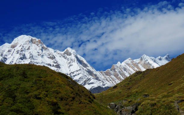 Snow mountain landscape in the alps, Annapurna mountain range of Gandaki Province, north-central Nepal. Annapurna mountain, Nepal. stock photo