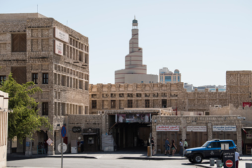Souq Waqif, Doha, Qatar, May,6,2019, Traditional Arabian building built of wood and mud decorated with a facade in the traditional Arabic style.