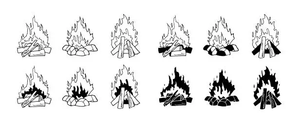 Vector illustration of Set of monochrome vector illustrations isolated on a white background. Black and white burning bonfire. Contour and silhouettes. Outdoor adventure. Wild life. Camping hiking time.