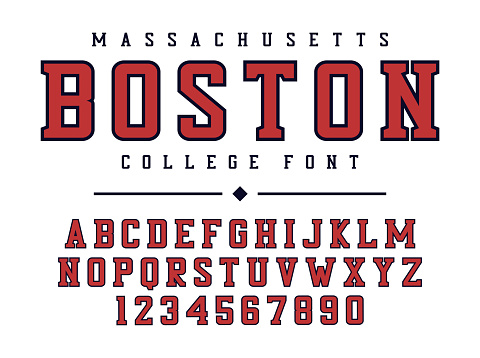 College or university alphabet. Original sport font with uppercase letters and numbers for sports logo, t-shirt. Vintage athletic style typeface. Vector