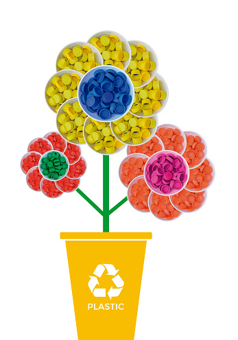 Plastic flower with waste pot and recycling symbol