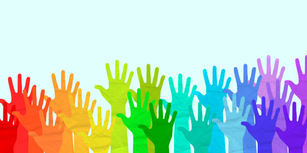 Diversity hands raised up. Red, yellow, blue. Contemporary art collage. Composition with multicolored human hands gesturing isolated on light background. Concept of diversity, friendship, rights, peace