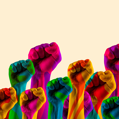 Fight for human rights. Modern art collage in pop-art style. Contemporary minimalistic artwork in neon bold colors with hands showing fist. Psychedelic design pattern. Template with space for text.