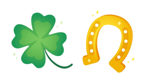 ilustraciones, imágenes clip art, dibujos animados e iconos de stock de vectores establecen iconos de trébol y herradura de la suerte o el día de patrick. - st patricks day clover four leaf clover irish culture