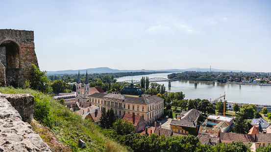 Danube river and Maria Valeria Bridge Aerial View In Esztergom, Hungary