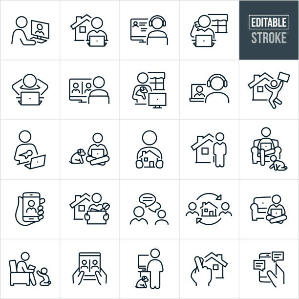 Work From Home Thin Line Icons - Editable Stroke A set of work from home icons that include editable strokes or outlines using the EPS vector file. The icons include a person teleworking on computer, person with house working from home from computer, person on computer with headset doing remote work, person at computer and on phone working from dining room table, person on laptop with hands behind head working from home, person telecommuting from home and apart of a video conference for work, employee working from home holding dog and working on computer, business person on video conference call from home, businessman jumping for joy being able to work from home, mother holding newborn child while working on computer from home, mother working from home on computer as toddler crawls on floor, telework from mobile phone, businessman with office items setting up office at home, remote business chat, parent working from chair at home as toddler reaches up to be picked up, video conference from tablet pc and other related icons. animal related occupation stock illustrations