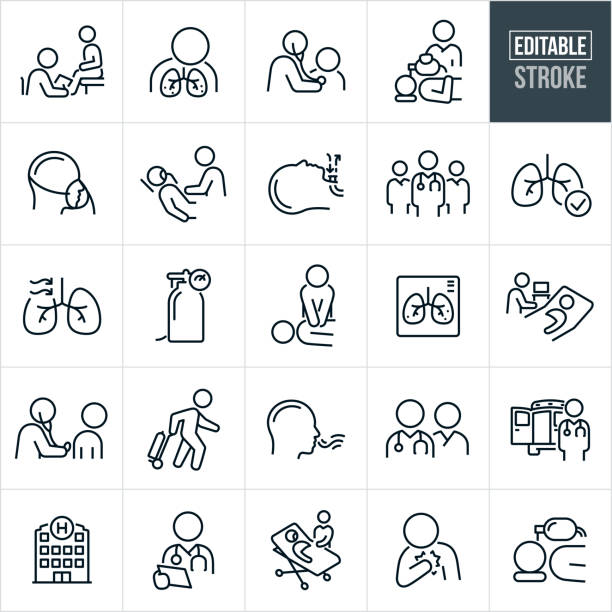 Respiratory Therapy Thin Line Icons - Editable Stroke A set of respiratory Therapy icons that include editable strokes or outlines using the EPS vector file. The icons include a respiratory therapist giving medical exam, person with damaged lungs, respiratory therapist checking lungs of patient using stethoscope, respiratory therapist using a bag valve mask on patient, person with oxygen mask on, person on oxygen in hospital bed, person with tracheotomy tube, team of respiratory therapists, human lungs, oxygen tank, respiratory therapist doing CPR, lung x-ray, respiratory therapist using stethoscope to check patients lungs, person pulling oxygen tank, hospital, respiratory therapist checking patient chart, person with trouble breathing and other related icons. respiratory system stock illustrations