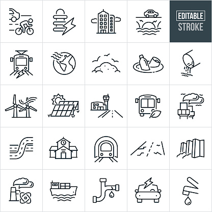 A set of public infrastructure icons that include editable strokes or outlines using the EPS vector file. The icons include cyclist in cycling lane, power transformer, high-rise buildings, damaged bridge, light rail public transportation, earth with global warming, landfill with garbage, garbage floating in water, sewer drain, wind turbines producing alternative energy, solar farm, airport, green public bus, smoke stack polluting with smoke, freeway, roads, school building, subway, damaged road, dam, nuclear power plant, shipping barge, cracked water pipe, electric car and a faucet dripping water.