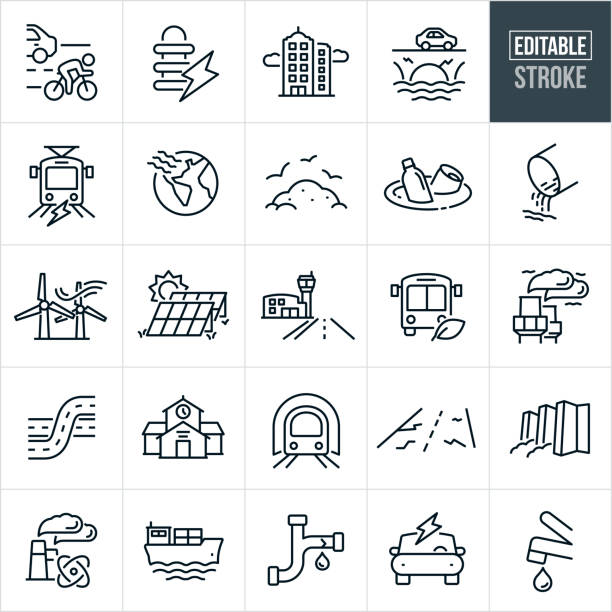 Public Infrastructure Thin Line Icons - Editable Stroke A set of public infrastructure icons that include editable strokes or outlines using the EPS vector file. The icons include cyclist in cycling lane, power transformer, high-rise buildings, damaged bridge, light rail public transportation, earth with global warming, landfill with garbage, garbage floating in water, sewer drain, wind turbines producing alternative energy, solar farm, airport, green public bus, smoke stack polluting with smoke, freeway, roads, school building, subway, damaged road, dam, nuclear power plant, shipping barge, cracked water pipe, electric car and a faucet dripping water. public transportation illustrations stock illustrations