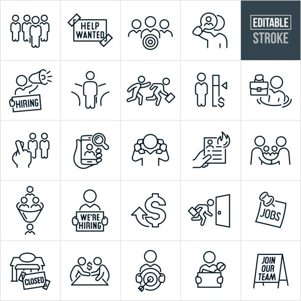 A set of labor shortage icons that include editable strokes or outlines using the EPS vector file. The icons include an employee being singled out from a group of candidates, help wanted sign, worker with target, employer using magnifying glass to find job candidate, human resources specialist using a bullhorn while holding a hiring sign, business person at fork in the road, employer chasing after employee who is running from job, employee compensation, business person sinking in water while holding briefcase above water, employer with fingers crossed in hiring workers, labor shortage, employee search using mobile phone, worker multi-tasking by holding a phone to both ears, job candidate burning resume, job offer with a handshake, job candidates being filtered down to one person, employer holding a we're hiring sign, money compensation, businessman running fro exit, jobs sign, closed sign on business building, businessman holding target with arrow in bulls-eye, worker packing up office supplies from desk and leaving job and a join our team sign.
