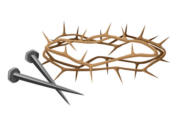Christian illustration of crown of thorns and iron nails. Happy Easter image. Christian illustration of crown of thorns and iron nails. Happy Easter image. Religious symbols of faith. nail cross stock illustrations