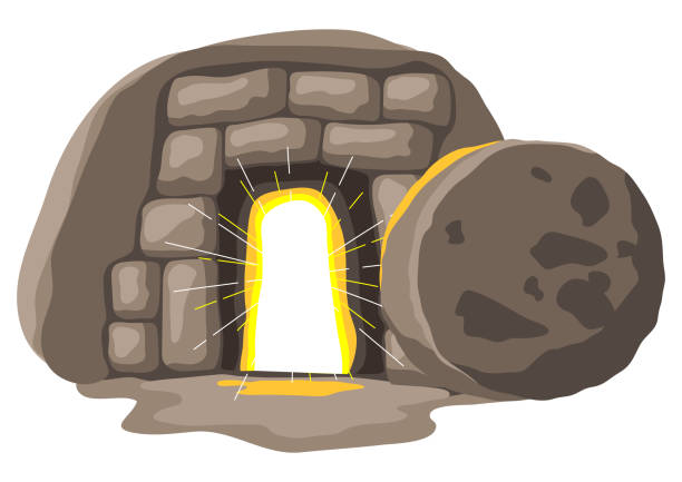 Christian illustration of burial cave. Happy Easter image. Christian illustration of burial cave. Happy Easter image. Religious symbol of faith. empty tomb jesus stock illustrations