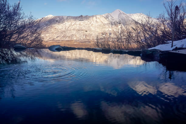 Verkhne Paratunskiye thermal springs in winter in Kamchatka peninsula in Russia