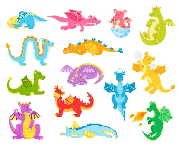 Vector illustration of Cartoon dragons, funny fantasy reptiles. Colorful dinos for kids fairytale. Magic characters from medieval mythology