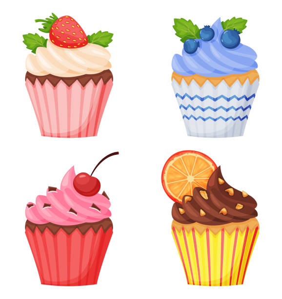 ilustraciones, imágenes clip art, dibujos animados e iconos de stock de cupcakes de dibujos animados con diferente sabor. muffins de vainilla y chocolate con coberturas diferentes como fresa, arándano - muffin blueberry muffin blueberry isolated