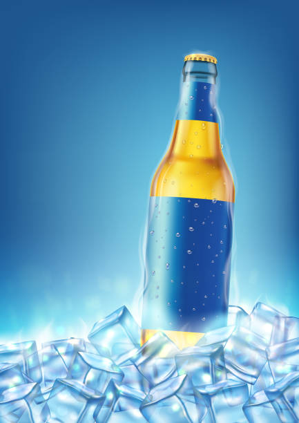 Cold bottle lager beer in ice cubes Cold bottle lager beer in ice cubes on blue background. Realistic vector, blank template for design. beer brands stock illustrations