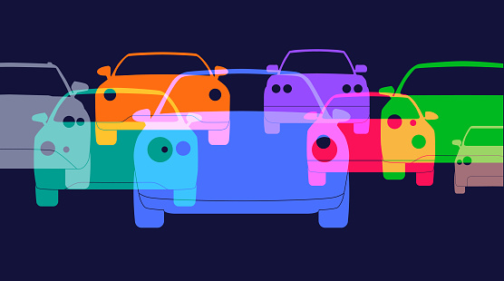 Colorful silhouttes of Stylised Car or automobile types. Car, automobiles, driverless cars, motor vehicle, travel, passenger, vacation, highway, motorway, road,