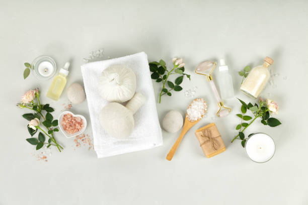 istock Spa massage Aromatherapy body care background, flat lay 1369159174