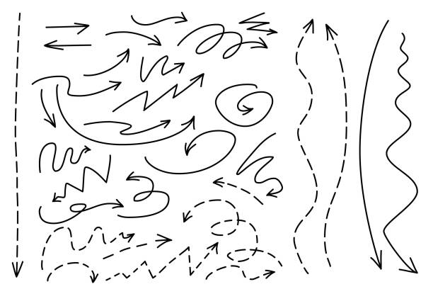 bildbanksillustrationer, clip art samt tecknat material och ikoner med vector set of drawn arrows. sketch doodle style. arrows are curved and straight, with a solid line and dashed lines. - prickad linje